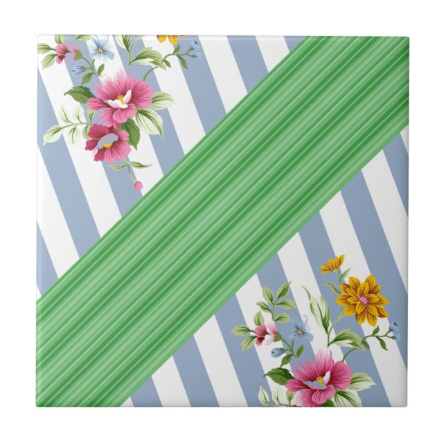 Carreau Carrelage en céramique Bleu Stripe Floral (Devant)