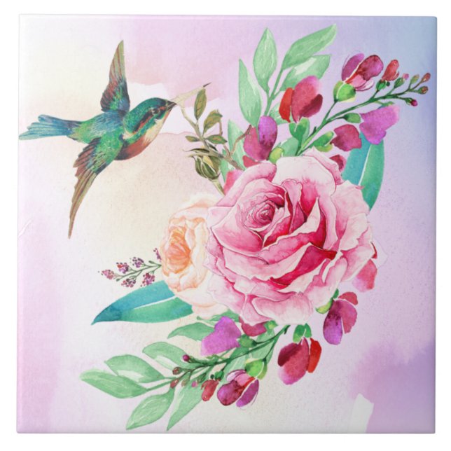 Carreau Carrelage en céramique d'oiseaux et de fleurs (Devant)