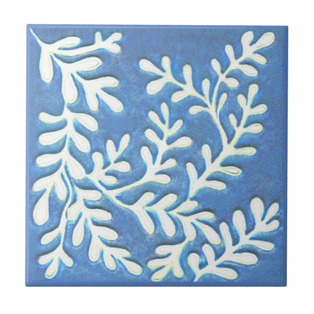 Carreau Carrelage en céramique, feuilles bleu et blanc (Devant)