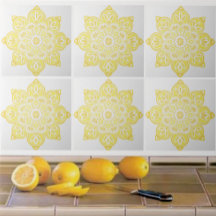Carrelage en céramique, médaillon jaune sur blanc