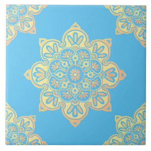 Carreau Carrelage en céramique, médaillon jaune sur bleu c