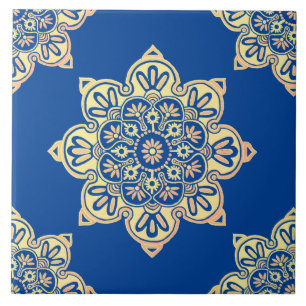Carreau Carrelage en céramique, médaillon jaune sur bleu p