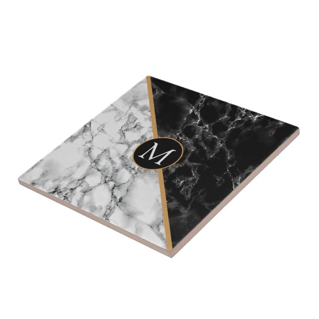 Carreau Carrelage en céramique Monogramme Faux Marbre noir (Côté)