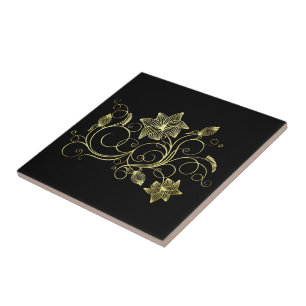 Carreau Carrelage en céramique noire avec fleurs d'or Choi
