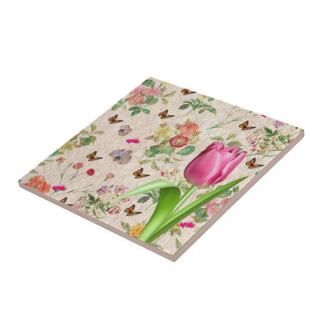 Carreau Carrelage en céramique Papillon floral Tulipe rose (Côté)