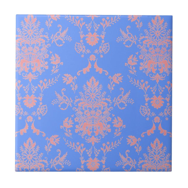 Carreau Carrelage en céramique rose et bleu Damas (Devant)