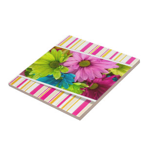 Carreau Carrelage en céramique rose rayure florale