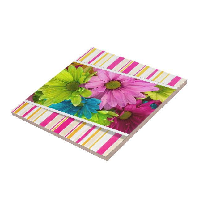 Carreau Carrelage en céramique rose rayure florale (Côté)