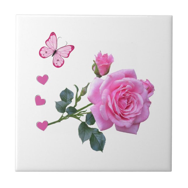 Carreau Carrelage en céramique Rose Rose Floral Papillon C (Devant)