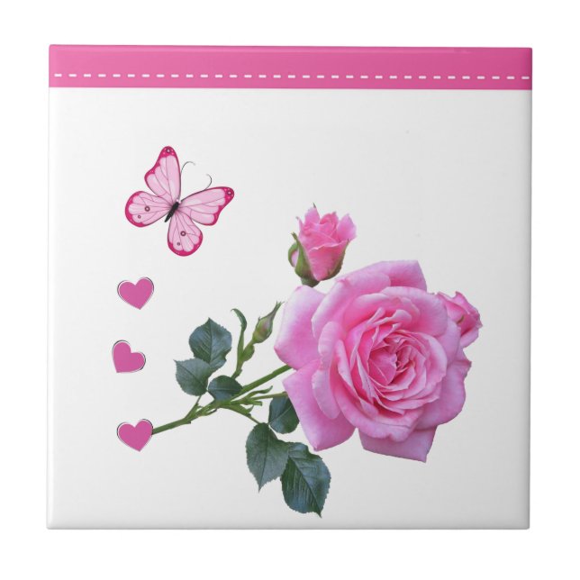 Carreau Carrelage en céramique Rose Rose Floral Papillon C (Devant)