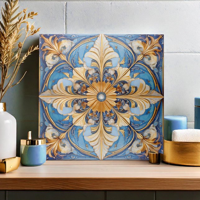 Carreau Carrelage floral baroque Pat#18 Sky Blue Gold ID10 (Créateur téléchargé)