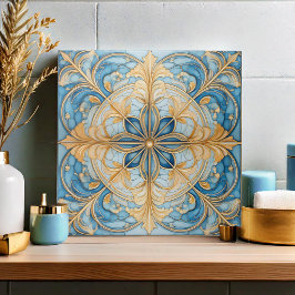 Carreau Carrelage floral baroque Pat#19 Aqua Blue Gold ID1