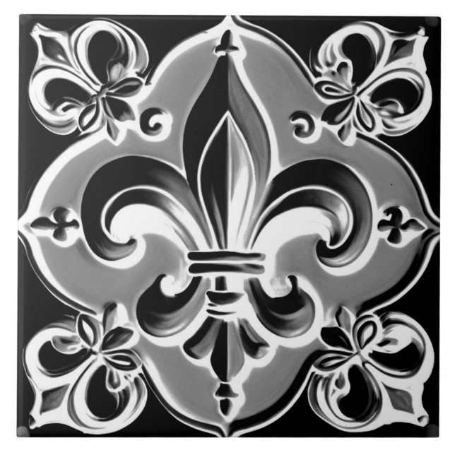 Carreau Carrelage gris et noir Fleur de Lis - Céramique gr (Devant)