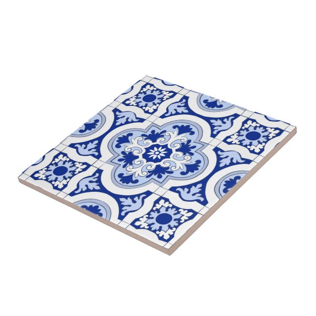 Carreau Carrelage italien, majolica, bleu et blanc motif   (Côté)