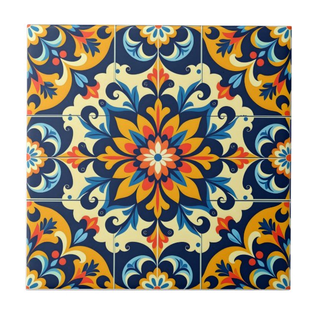Carreau Carrelage mexicain Etoile orange bleu jaune blanc (Devant)