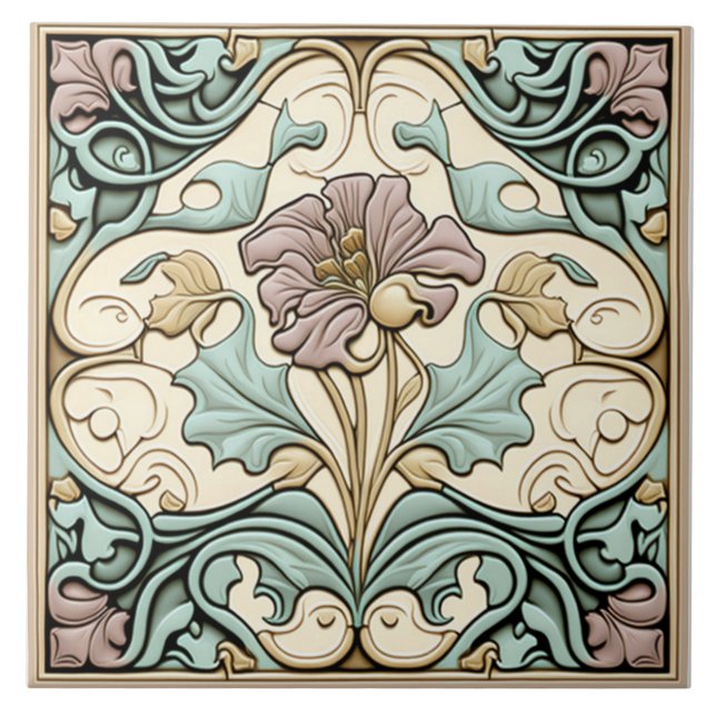 Carreau Carrelage vintage, Fleur Rose Art Nouveau, Pastel (Devant)