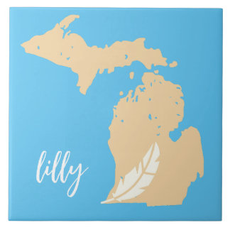 Carreau Carte du Michigan Plume Nom personnalisé Bleu Tan