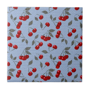 Carreau Cartoon mignon rouge cerise baies vert feuille ble