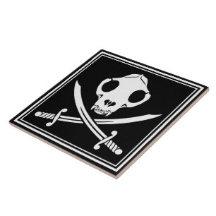 Carreau Cartoon noir et blanc Jolly Kitty crâne de pirate 