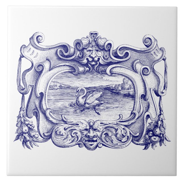 Carreau Cartouche bleu et blanc avec cygne (Devant)