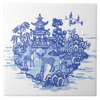Carreau Casserole de cerfs de saule bleu Pagode antique Ph