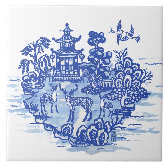 Carreau Casserole de cerfs de saule bleu Pagode antique Ph (Devant)