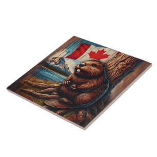 Carreau Castor assis au bord d'un lac avec drapeau canadie