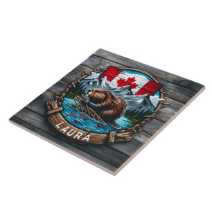 Carreau Castor canadien avec drapeau et montagnes au couch