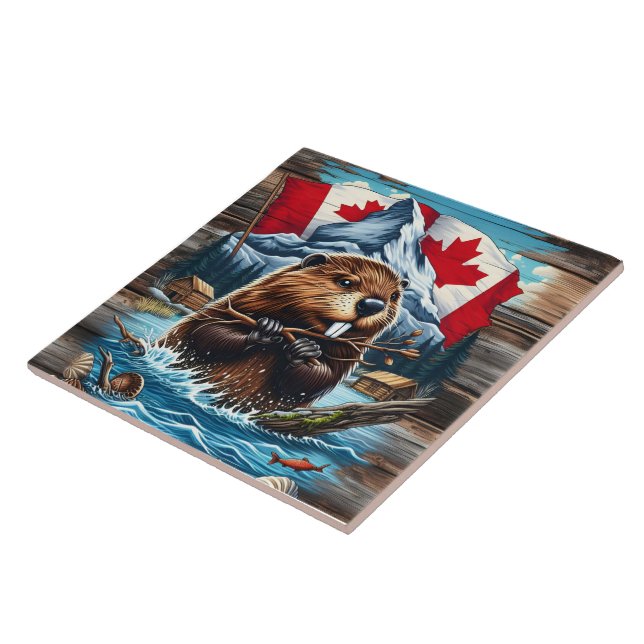 Carreau Castor canadien avec océan bleu (Côté)