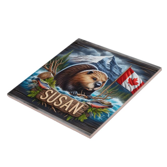 Carreau Castor canadien près de l'eau avec drapeau Feuille (Côté)