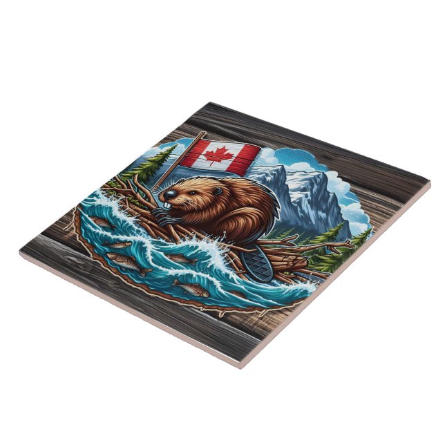 Carreau Castor sur le radeau avec drapeau dans la rivière (Côté)