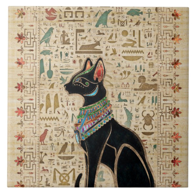 Carreau Cat égyptien - Bastet sur le papyrus (Devant)