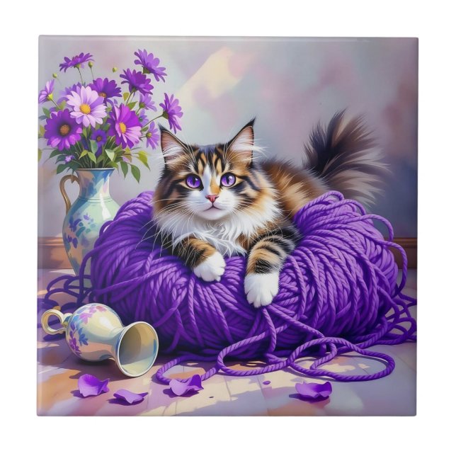 Carreau Cat  in Purple Yarn and Flowers   (Devant)