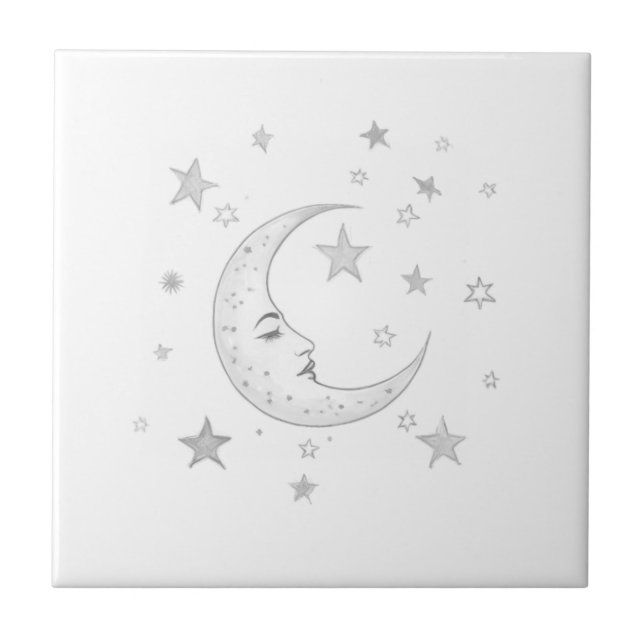 Carreau Celestial Moon with Face & Stars Silver and White (Devant)