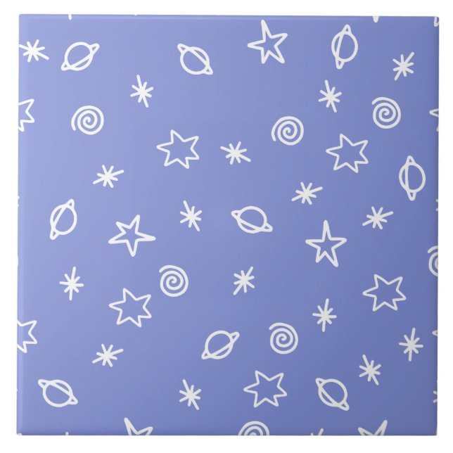 Carreau Ceramic Tile Blue Space Doodle Stars Planets (Devant)