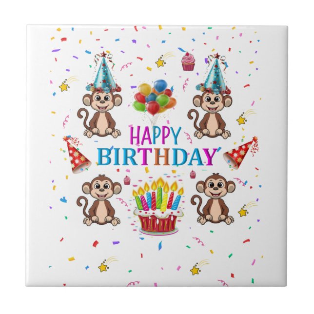 Carreau Ceramic Tile Happy Birthday Monkey Cupcake (Devant)