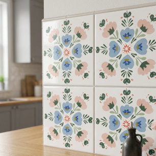 Carreau Céramique décorative d'art populaire floral bleu e