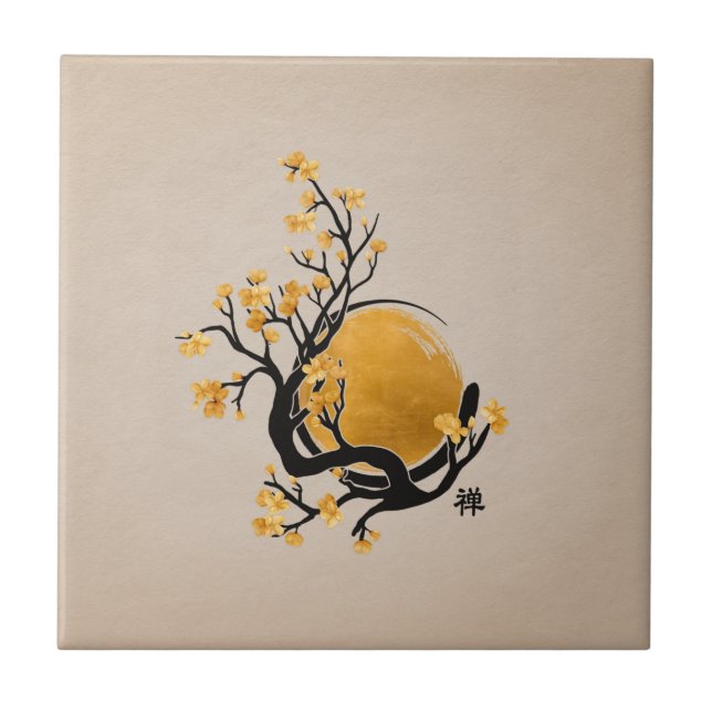 Carreau Cercle Zen Enso, soleil d'or et fleurs Sakura (Devant)