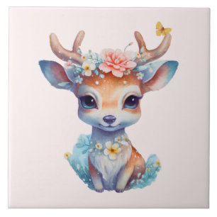 Carreau Cerf de Bébé mignon avec Antlers et Fleurs