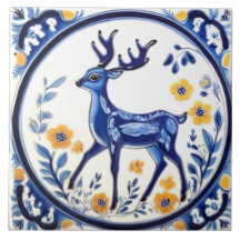 Cerf floral Bleu et blanc Bois Folk Art animal