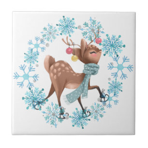 Carreau Cerf mignon sur patins Fluge de neige Wreath