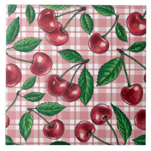 Carreau Cerises rouges sur gingham rose
