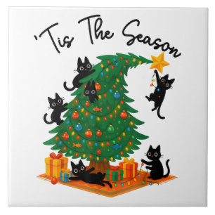 Carreau C'est la saison Arbre de Noël Chat noir mignon