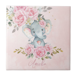 Carreau Chambre de nurserie éléphant mignon floral rose bé