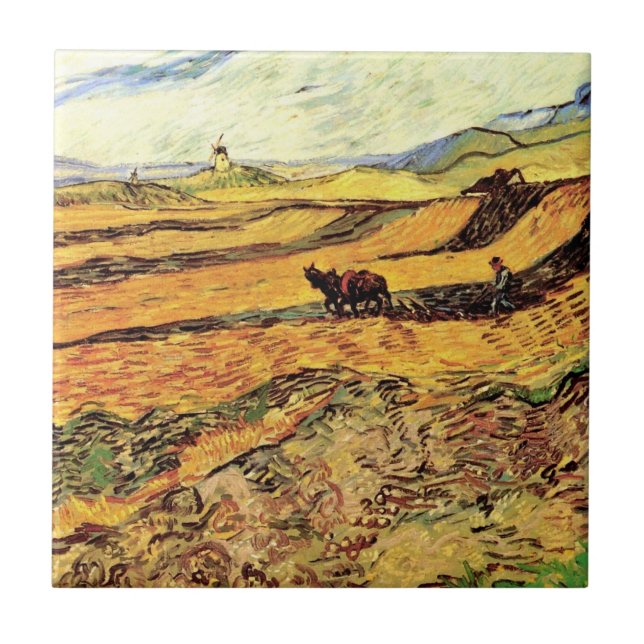 Carreau Champ avec Plowman et Mill par Vincent van Gogh (Devant)
