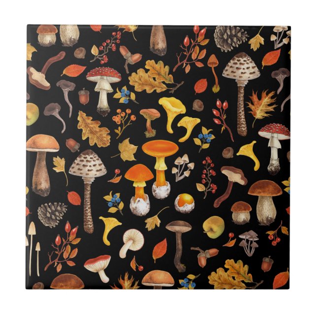 Carreau Champignons sauvages sur le noir (Devant)