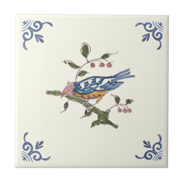 Carreau Charming Repro Delft Bird sur Branche avec Berries (Devant)