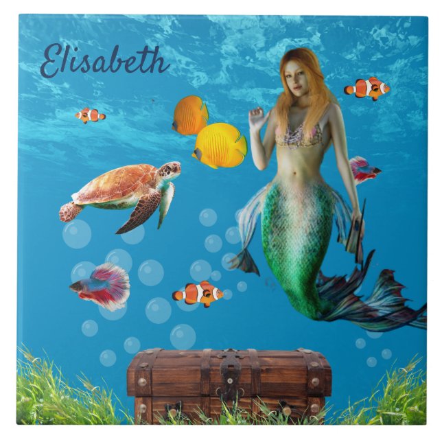 Carreau Chasse au trésor sous-marin Sirène Imaginaire bleu (Devant)