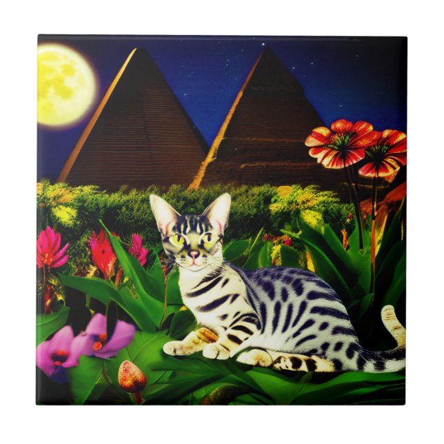 Carreau Chat au mau égyptien dans un jardin de minuit (Devant)