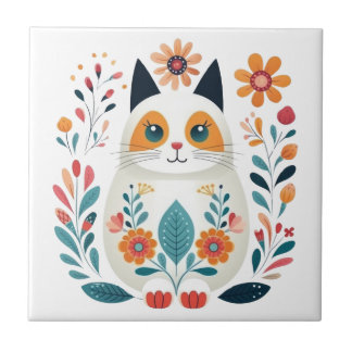Carreau Chat aux fleurs blanches Hygge Scandinavian Folk A